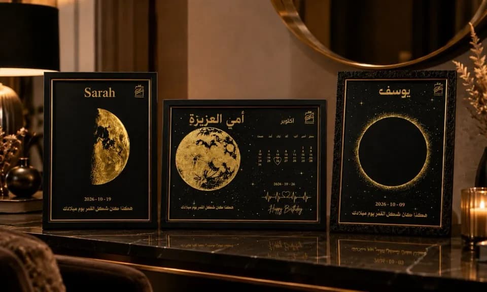 ثلاث لوحات ذكرى القمر بإطار أسود وذهبي معروضة على طاولة