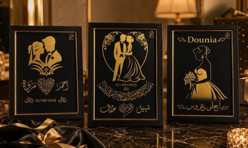 ثلاث لوحات زفاف بإطار أسود وذهبي تحمل أسماء العروسين